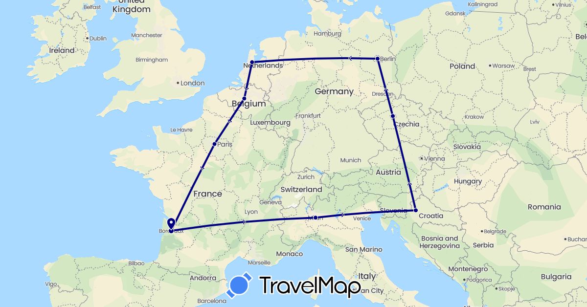 TravelMap itinerary: driving in Belgium, Czech Republic, Germany, France, Croatia, Italy, Netherlands (Europe)